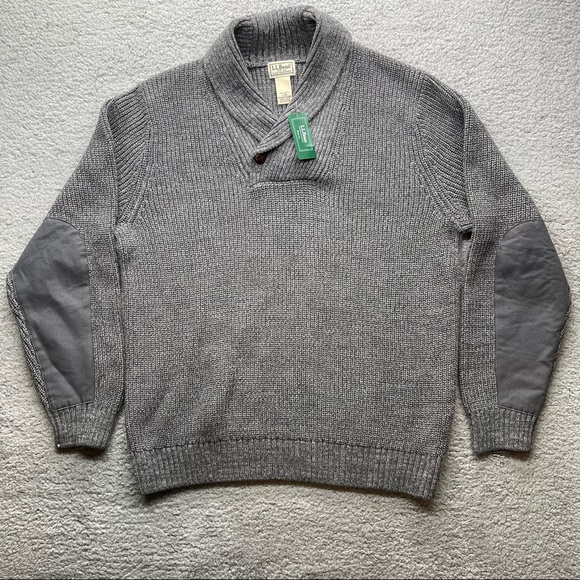 LL Bean Shawl Collar Cotton Sweater Size L Gray elbow patches - Picture 1 of 9